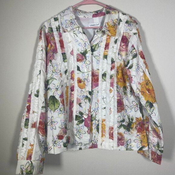 Coldwater Creek Jacket Women 16 Floral Embroidered Ruffle Button Up Blazer! - Picture 1 of 6